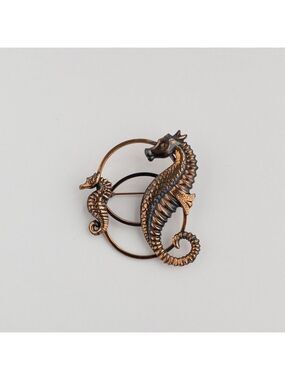 Modern Vintage Large Copper Seahorse Brooch Pin Lapel Mother and Baby Seahorses